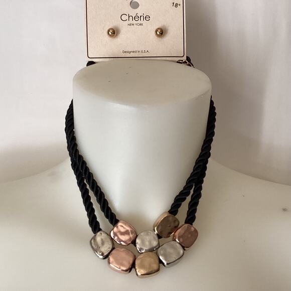 1802 NWT CHERIE NY Black Rope Tri-tone Pendant Craft Necklace Set with Earrings - Picture 1 of 3
